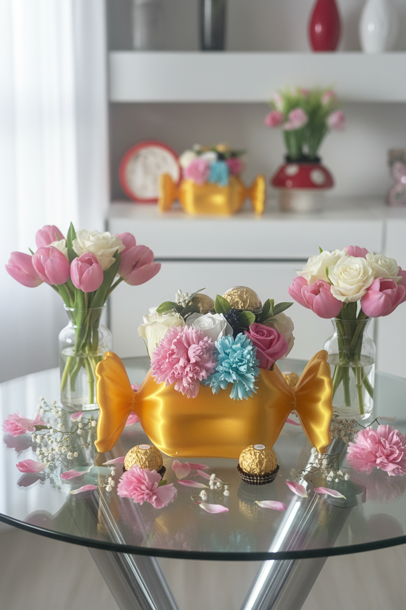 Goldene Bonbon-Dose mit Seifenblumen & Ferrero Rocher