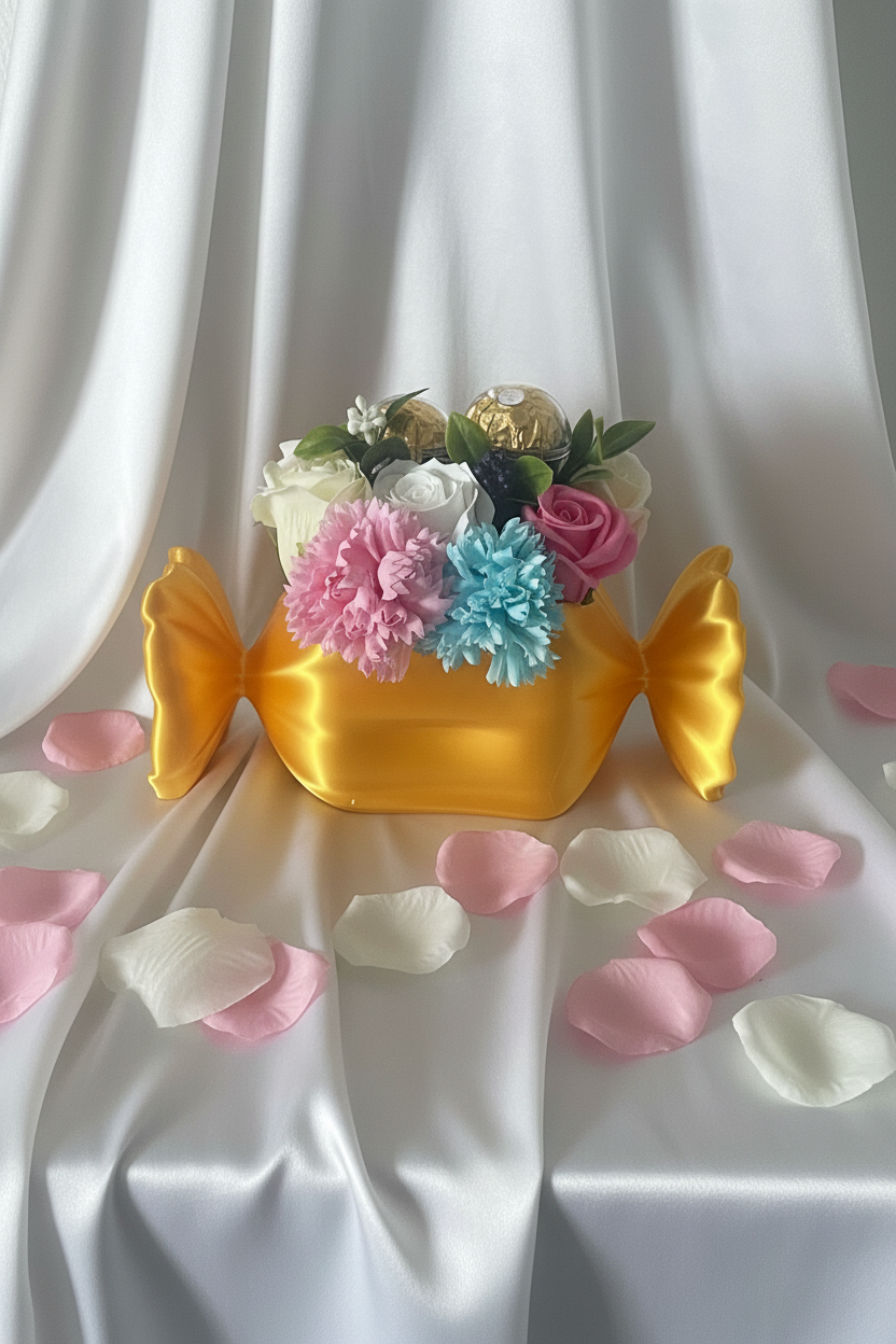 Goldene Bonbon-Dose mit Seifenblumen & Ferrero Rocher