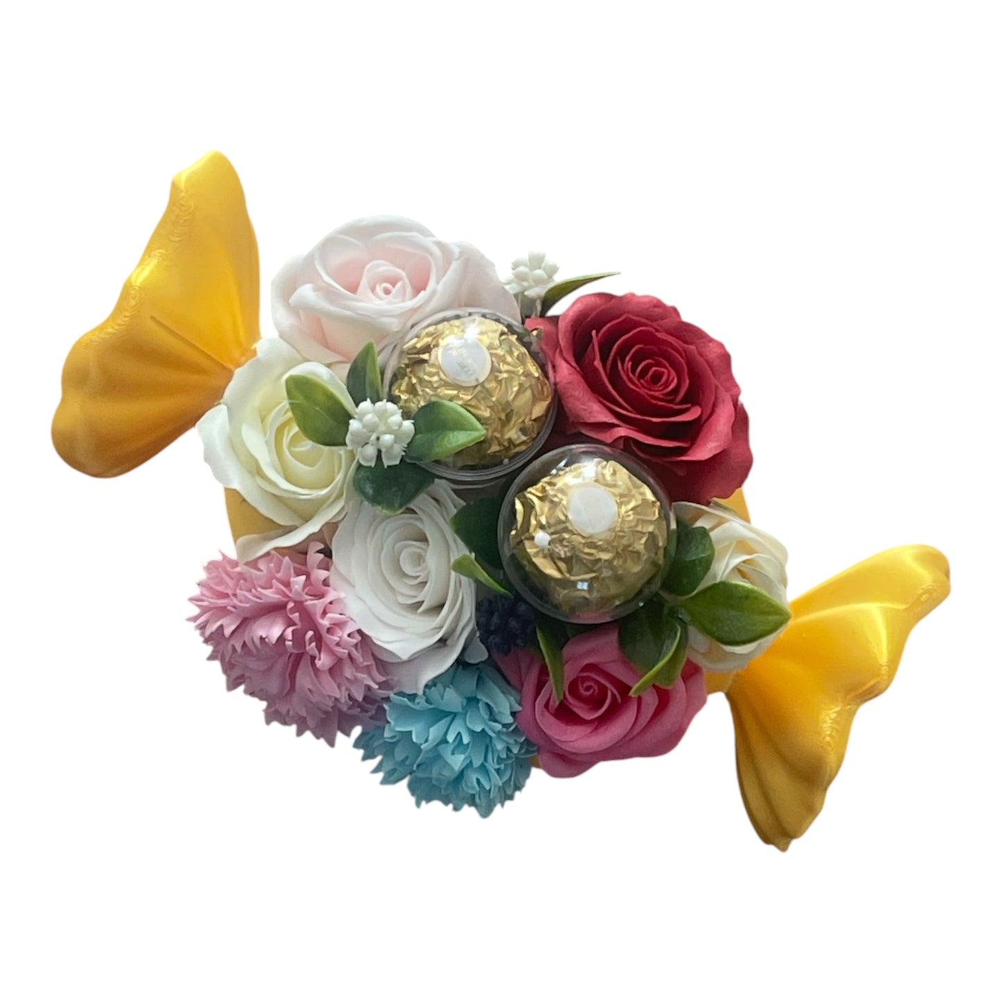 Goldene Bonbon-Dose mit Seifenblumen & Ferrero Rocher