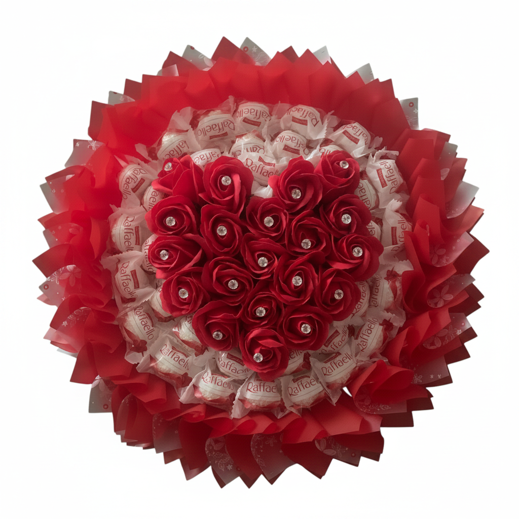 Premium Geschenkstrauß „Raffaello Herz & Seifenrosen“