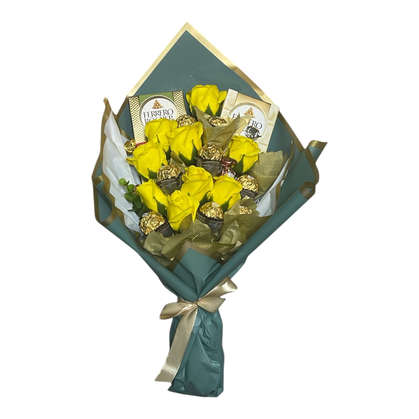 Gelber Rosenstrauss mit Rocher & Lindt Pralienen
