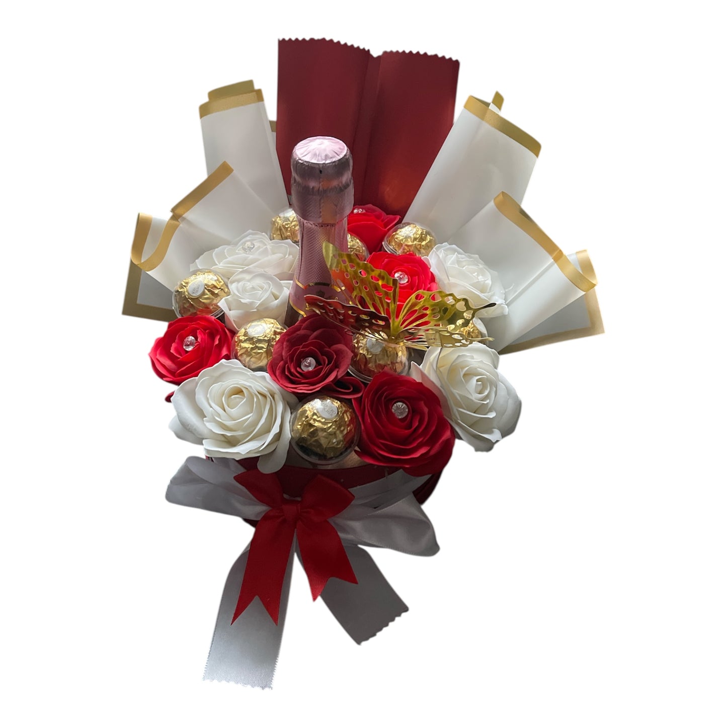 Premium Flowerbox „Sekt & Gold“ – Rot-Weiße Rosen Edition