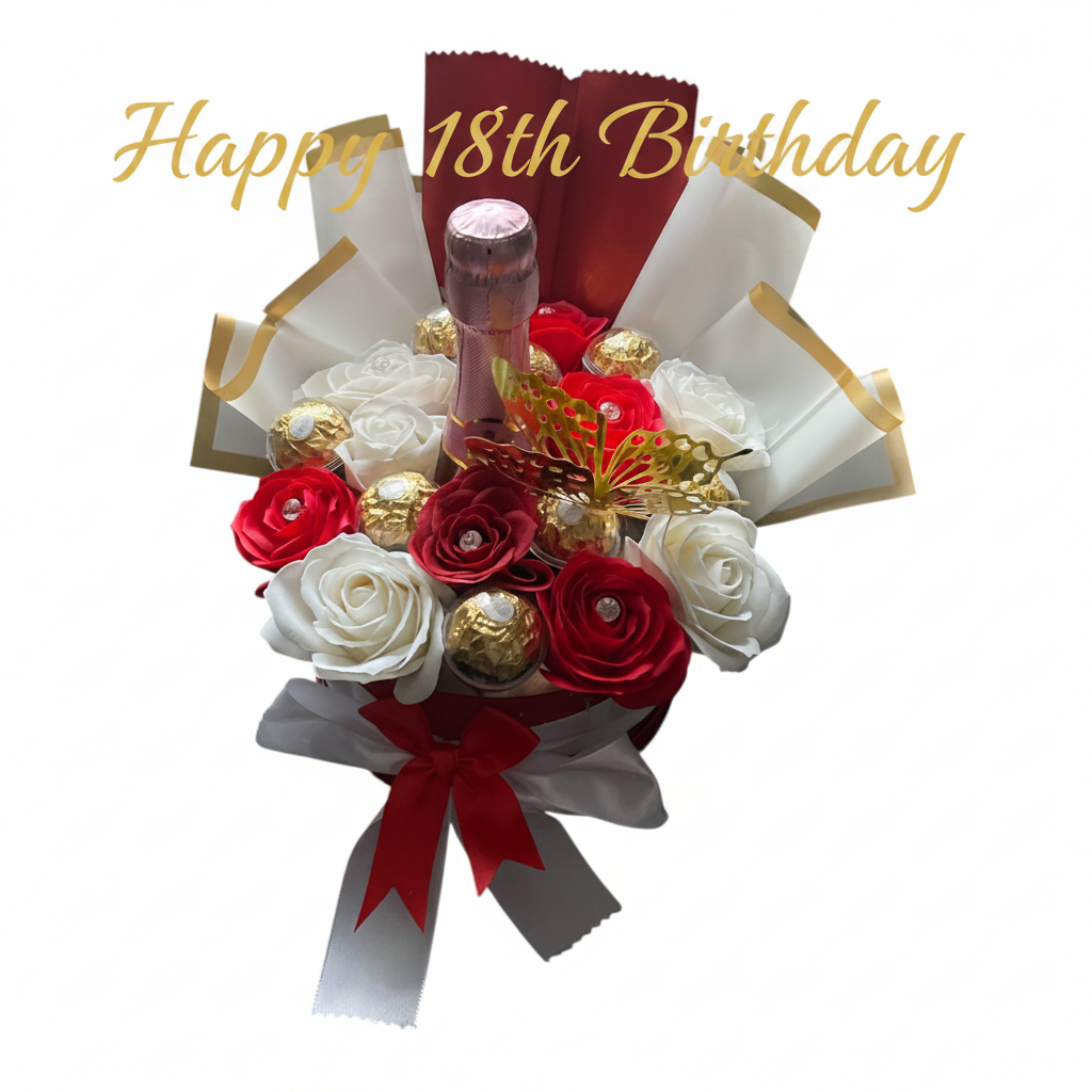 Premium Flowerbox „Sekt & Gold“ – Rot-Weiße Rosen Edition