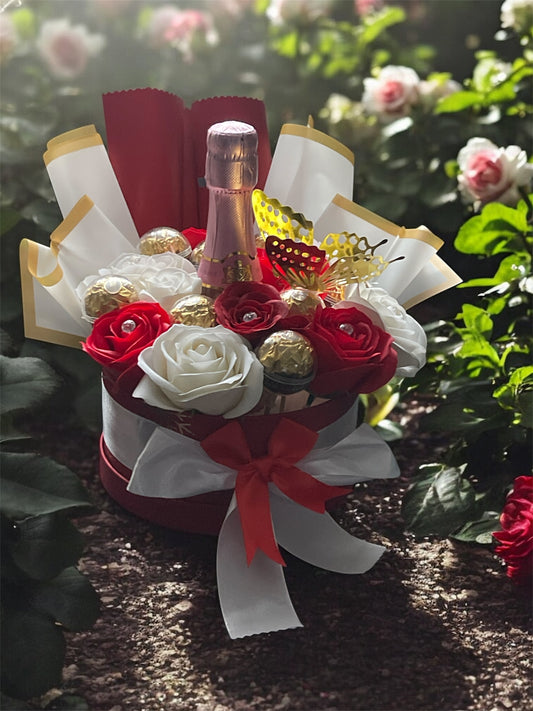 Premium Flowerbox „Sekt & Gold“ – Rot-Weiße Rosen Edition