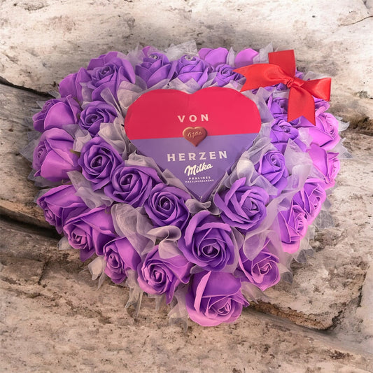 Zartes Rosenherz – Exklusive Geschenkbox mit Milka & Seifenrosen