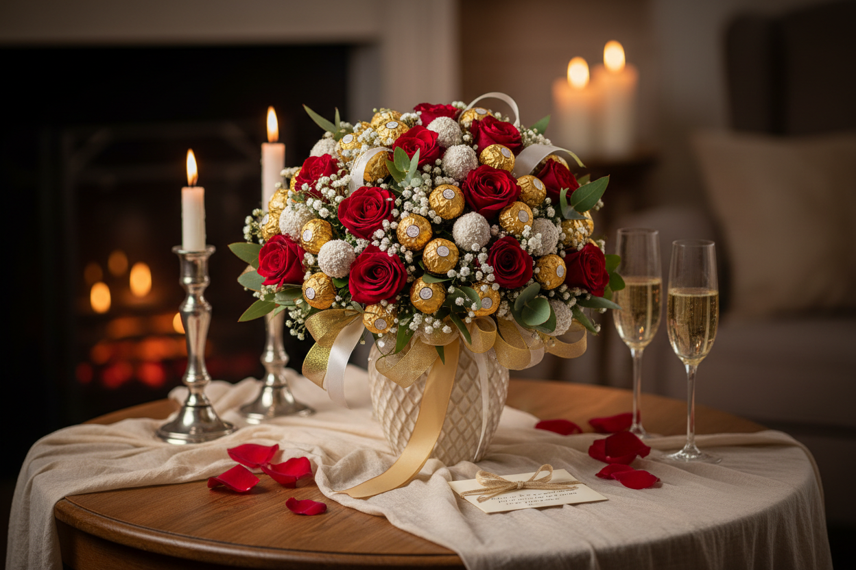 exklusiven Pralienstrauss mit rosen, rocher, raffaello, als Titelbild auf einen romatischen tisch